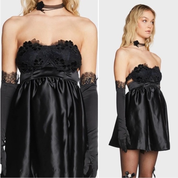 NWT For Love & Lemons Virginia Satin Lace Babydoll Strapless Dress with Gloves M - Picture 15 of 16